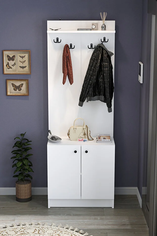 2 Kapaklı Portmanto Elbise Askılığı Vestiyer Ayakkabılık Askılık Güneş Beyaz